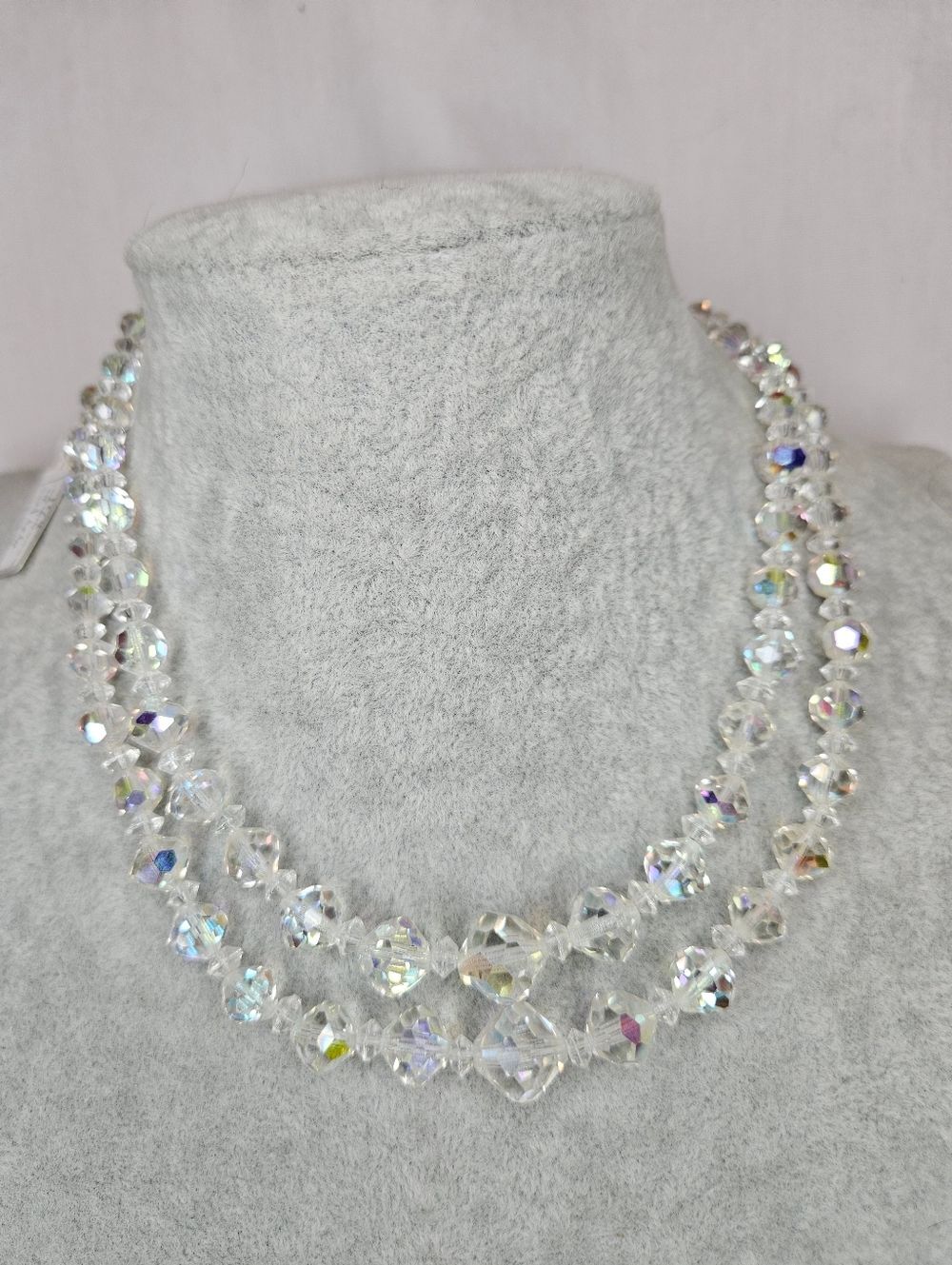Vintage Double Strand Aurora Borealis Crystal Necklace | Mid-Century AB 50s-60s